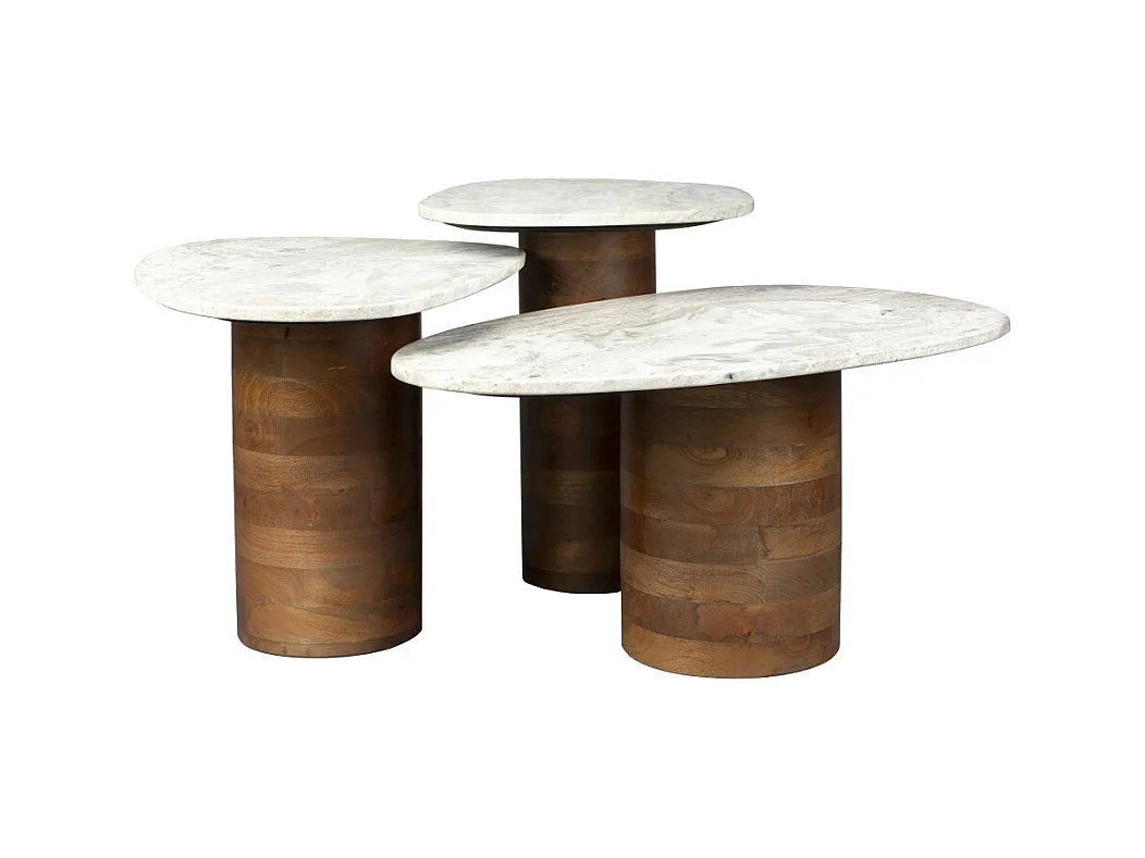 Suki - Lot de 3 tables basses organiques gigognes en marbre et bois - Bois foncé et blanc