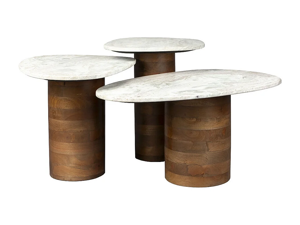 Suki - Lot de 3 tables basses organiques gigognes en marbre et bois - Bois foncé et blanc