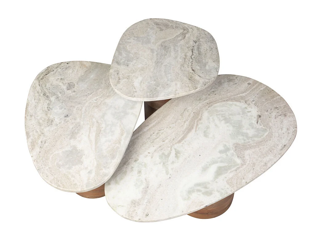 Suki - Lot de 3 tables basses organiques gigognes en marbre et bois - Bois foncé et blanc