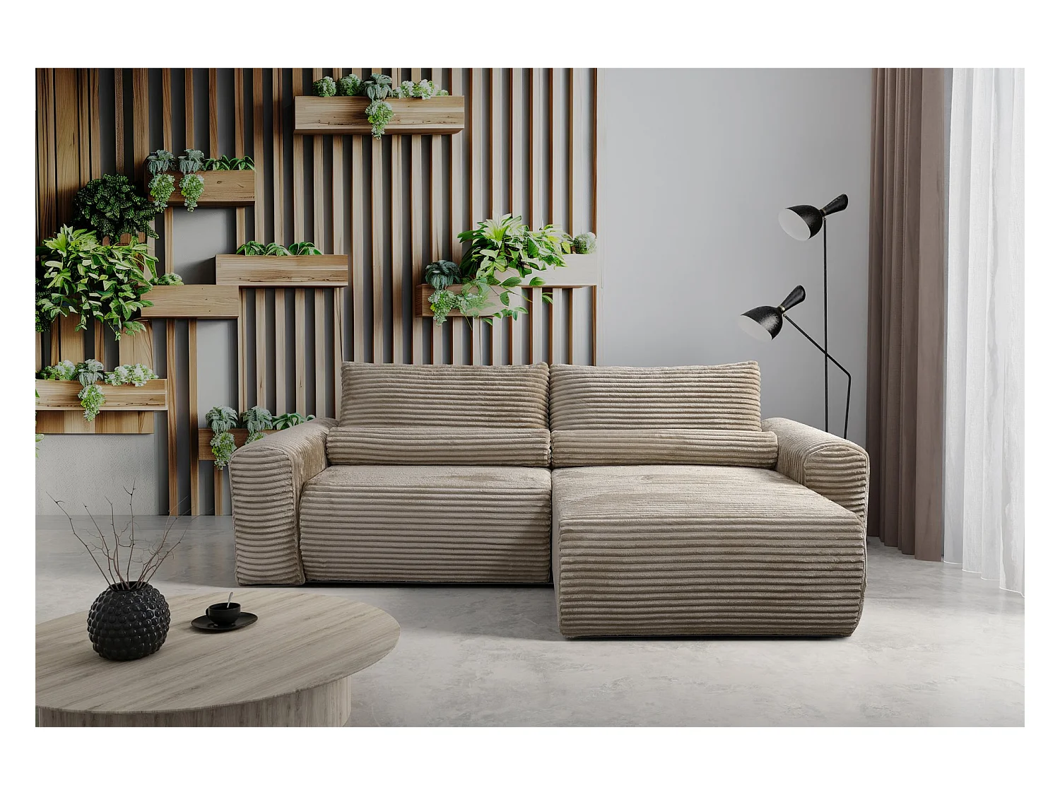 Canapé d'angle réversible avec fonction de couchage - en velours côtelé beige foncé - LEO