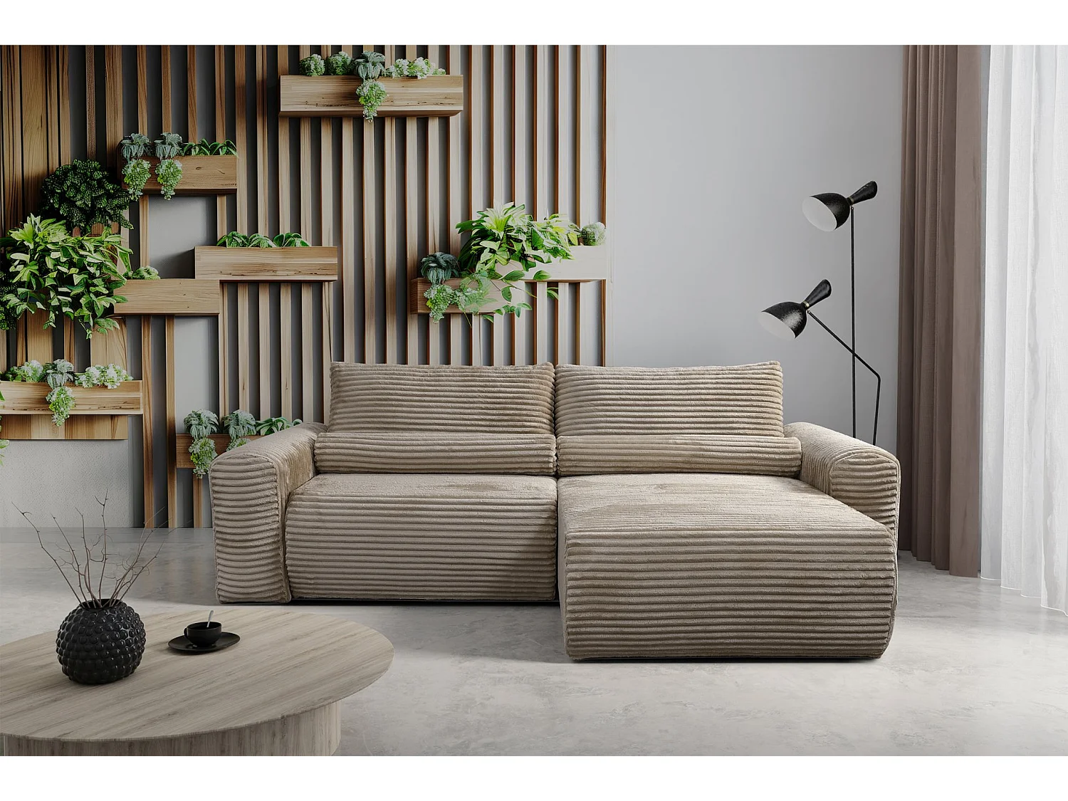 Canapé d'angle réversible avec fonction de couchage - en velours côtelé beige foncé - LEO