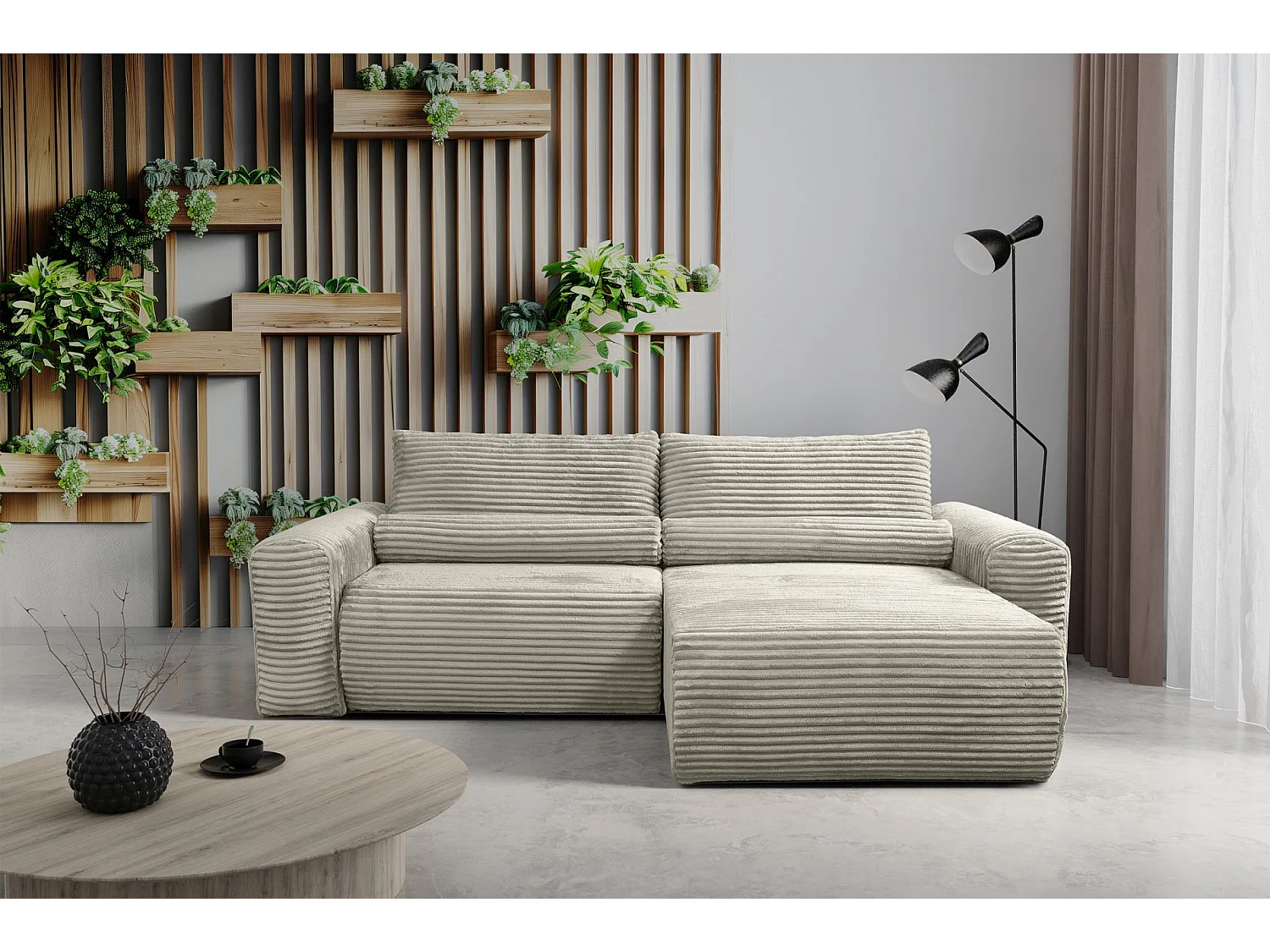 Canapé d'angle réversible avec fonction de couchage - en velours côtelé grège - LEO