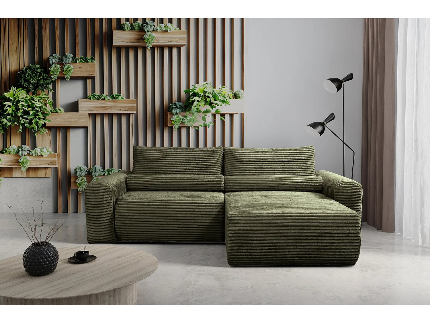 Canapé d'angle réversible avec fonction de couchage - en velours côtelé vert olive - LEO