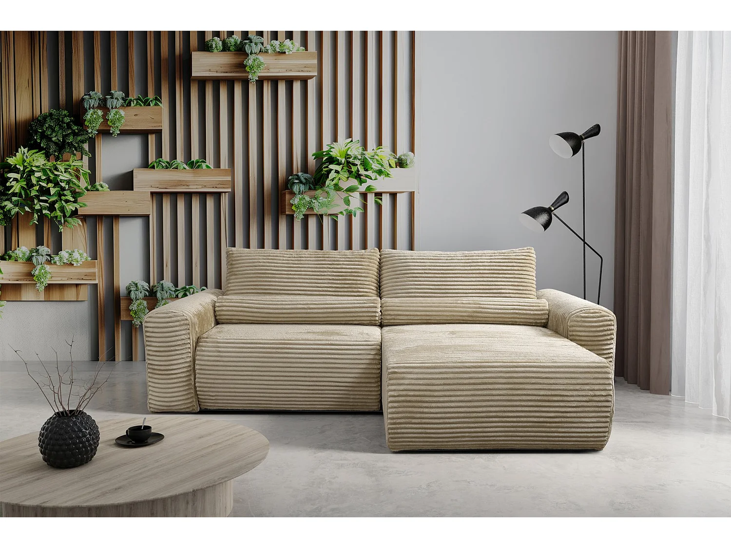 Canapé d'angle réversible avec fonction de couchage - en velours côtelé beige - LEO