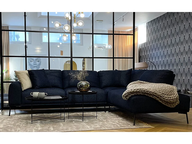 Canapé d'angle - modulable en L avec pieds noirs - bleu marine - côté droit - MERUKIS