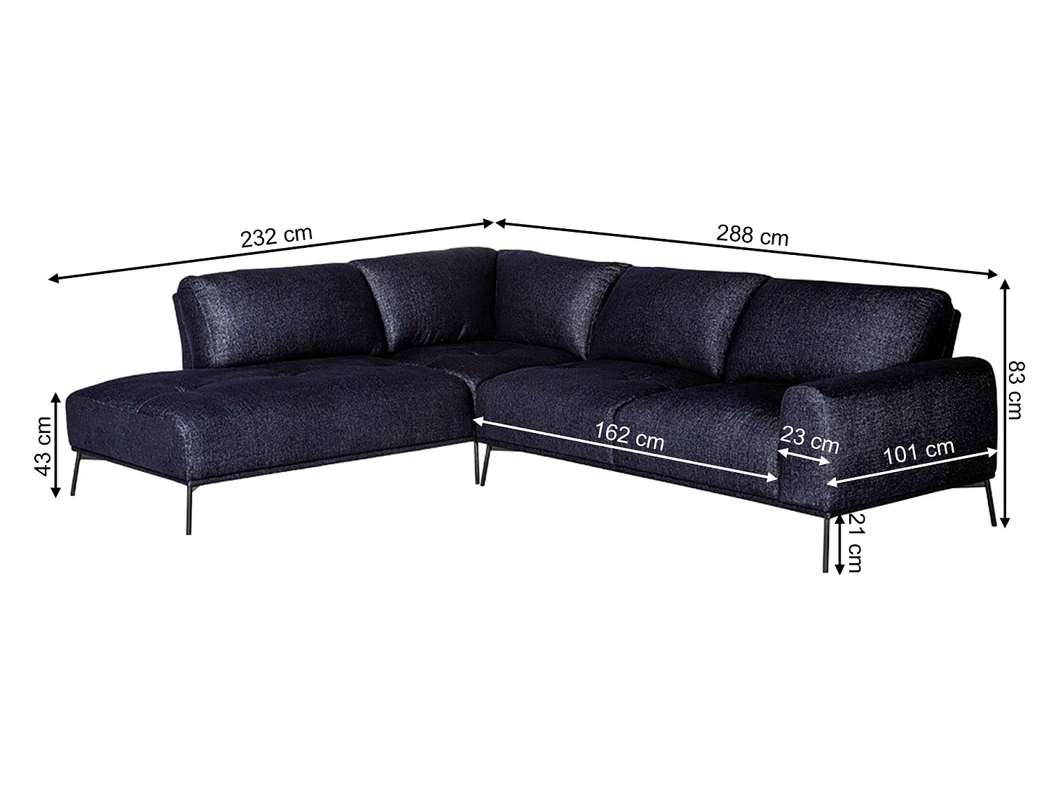 Hoekbank - L-vormig modulair met zwarte poten - marineblauw - rechterkant - MERUKIS