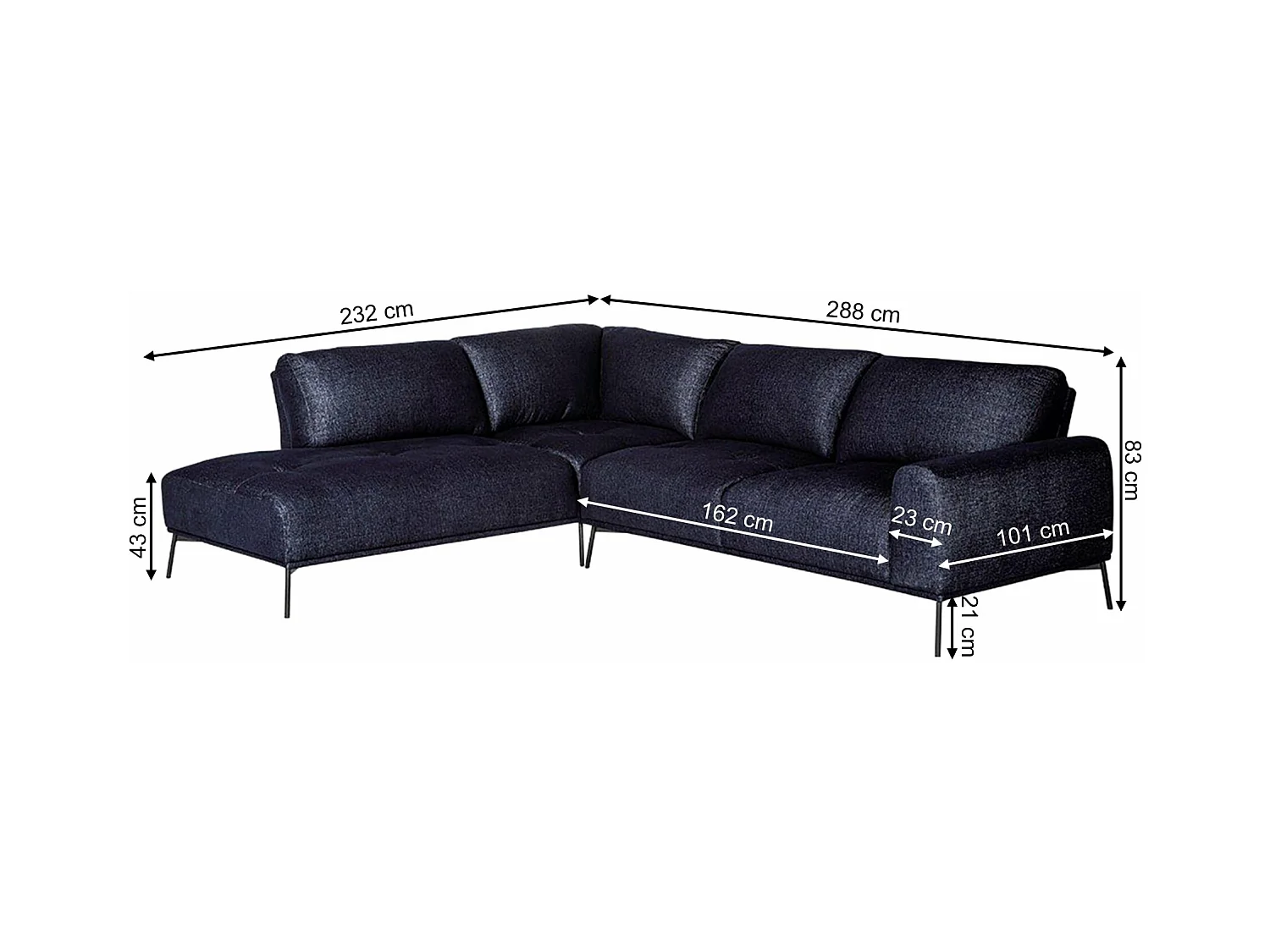 Canapé d'angle - modulable en L avec pieds noirs - bleu marine - côté gauche - MERUKIS