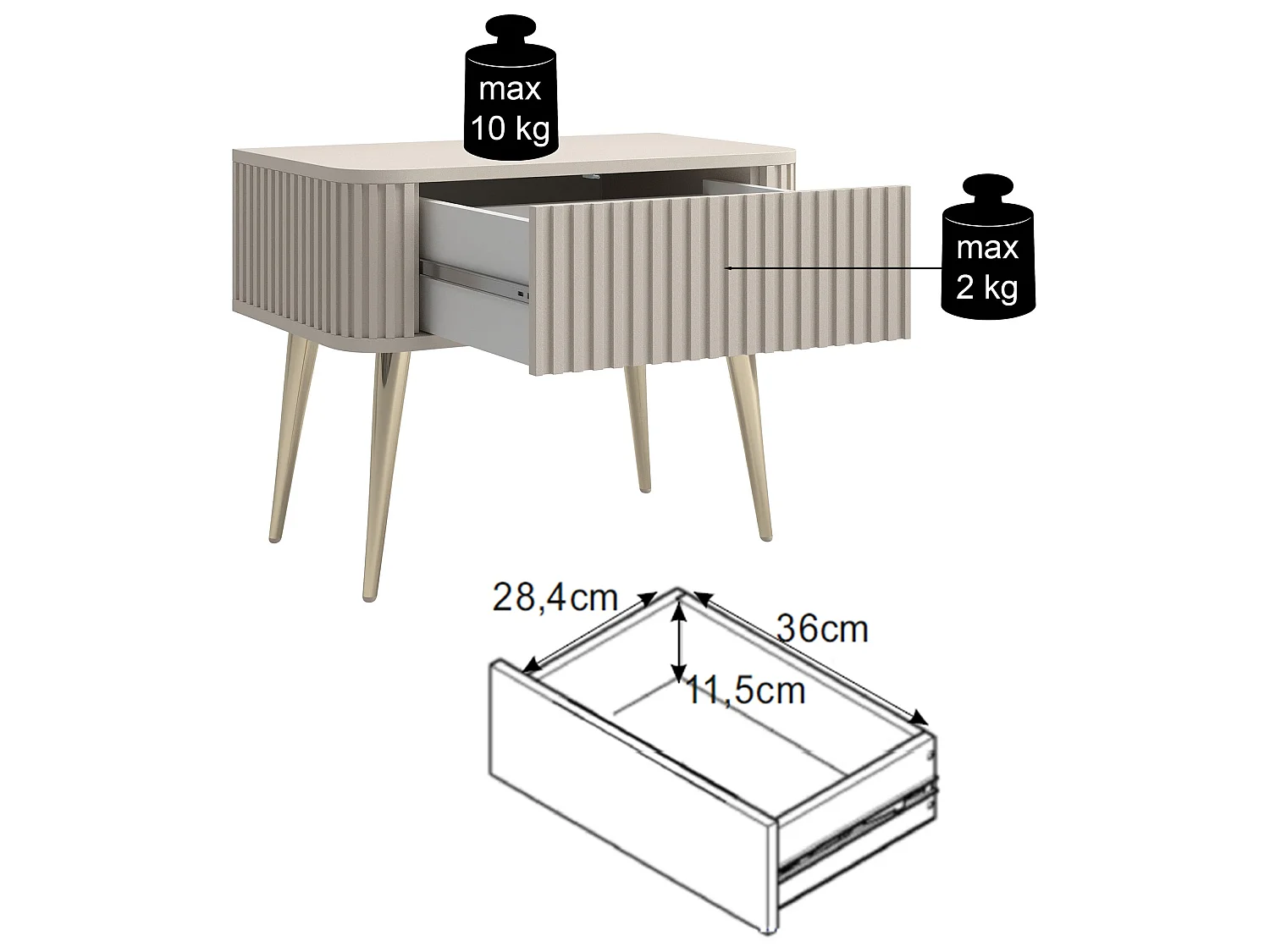 Comodino - con gole e cassetto - con gambe nere - nero - OVARLO