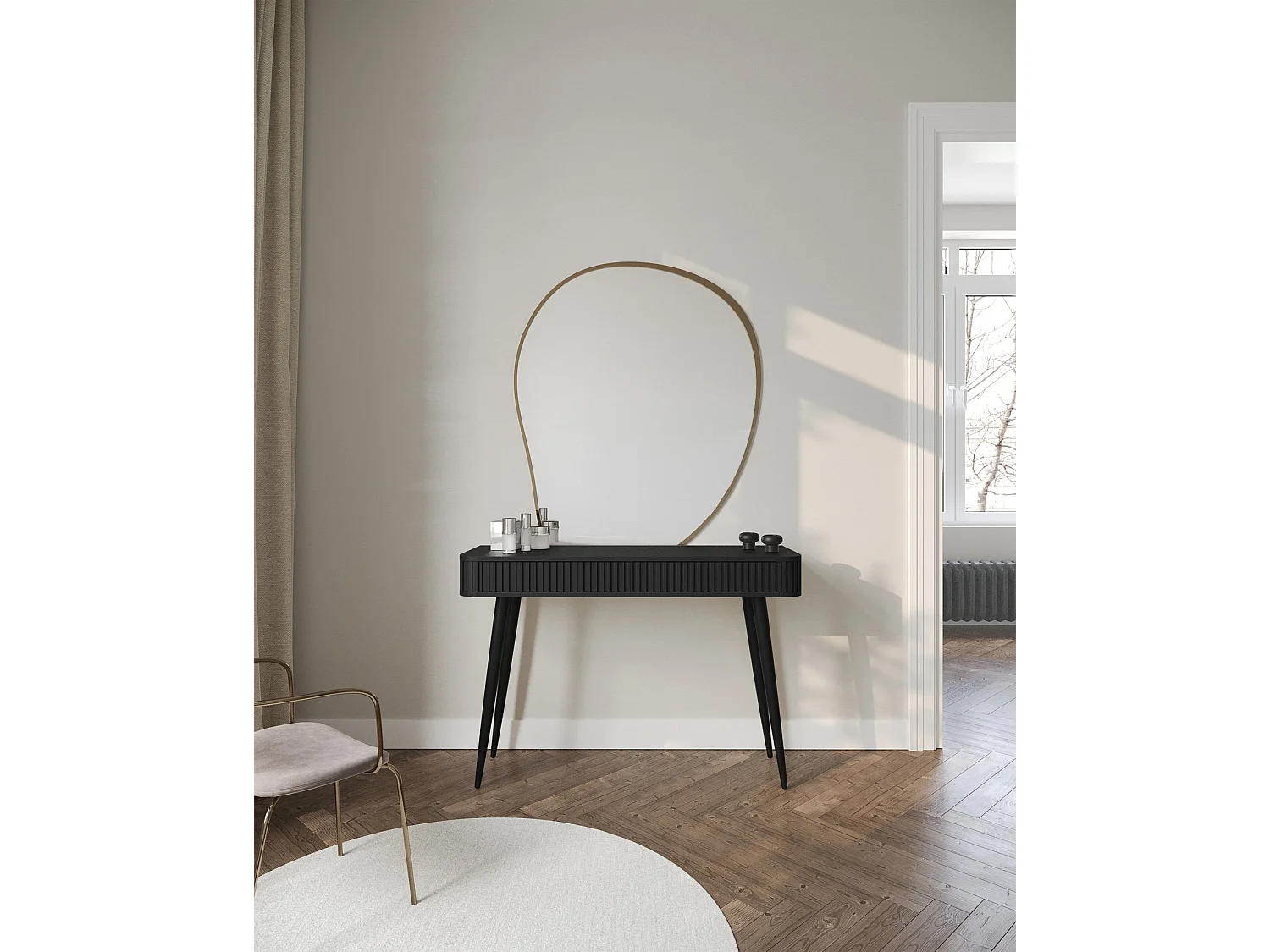 Coiffeuse avec 2 tiroirs et façades cannelées - 113 cm - noir - OVARLO