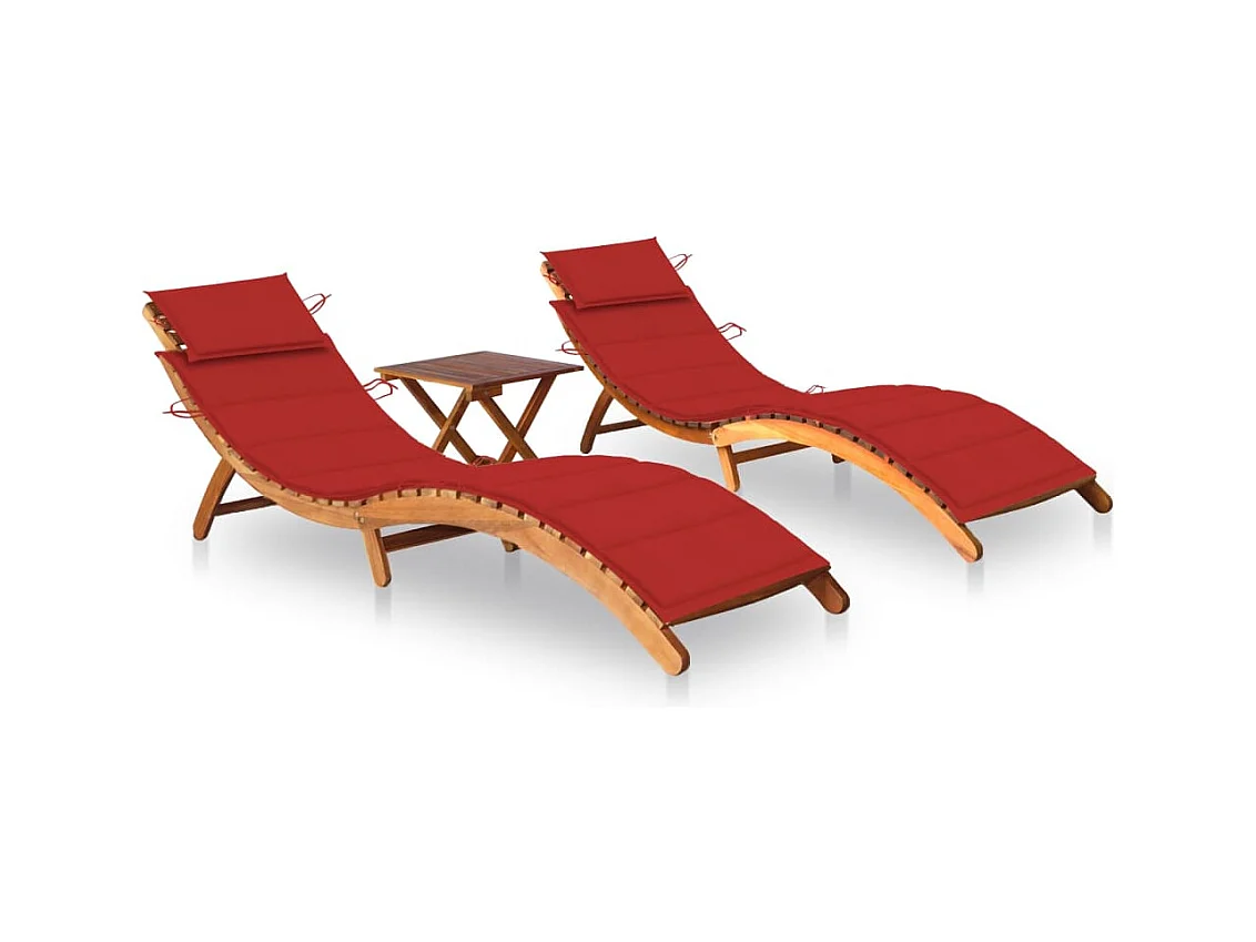 Chaises longues lot de 2 avec table et coussins Acacia solide