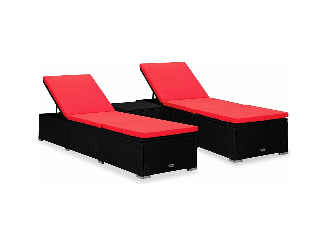 Chaises longues de jardin table à thé 3 pcs Résine tressée Noir