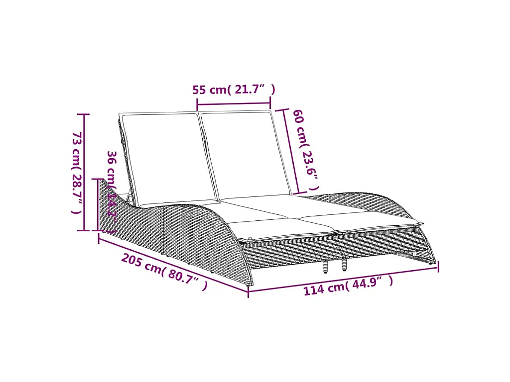 Ligbed met kussens 114x205x73 cm poly rattan grijs
