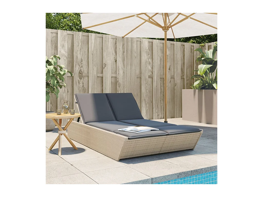 Chaise longue double avec coussins beige résine tressée