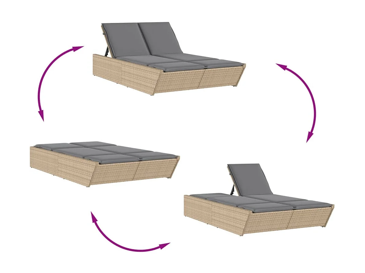 Chaise longue double avec coussins beige résine tressée