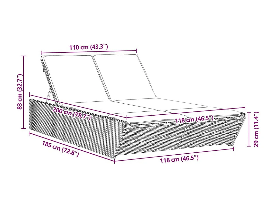 Chaise longue double avec coussins beige résine tressée