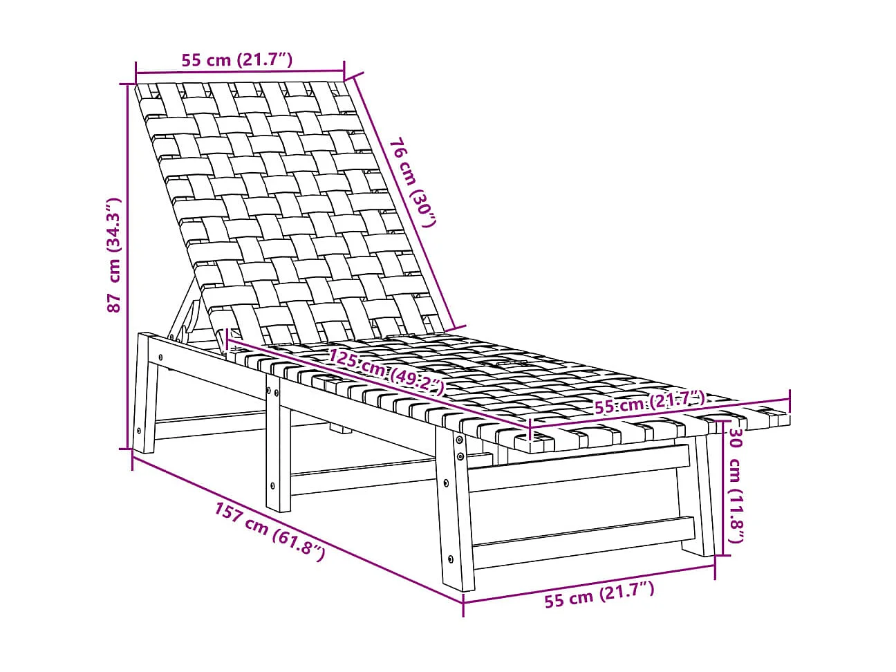 Chaises longues bleu foncé bois d'acacia solide et tissu