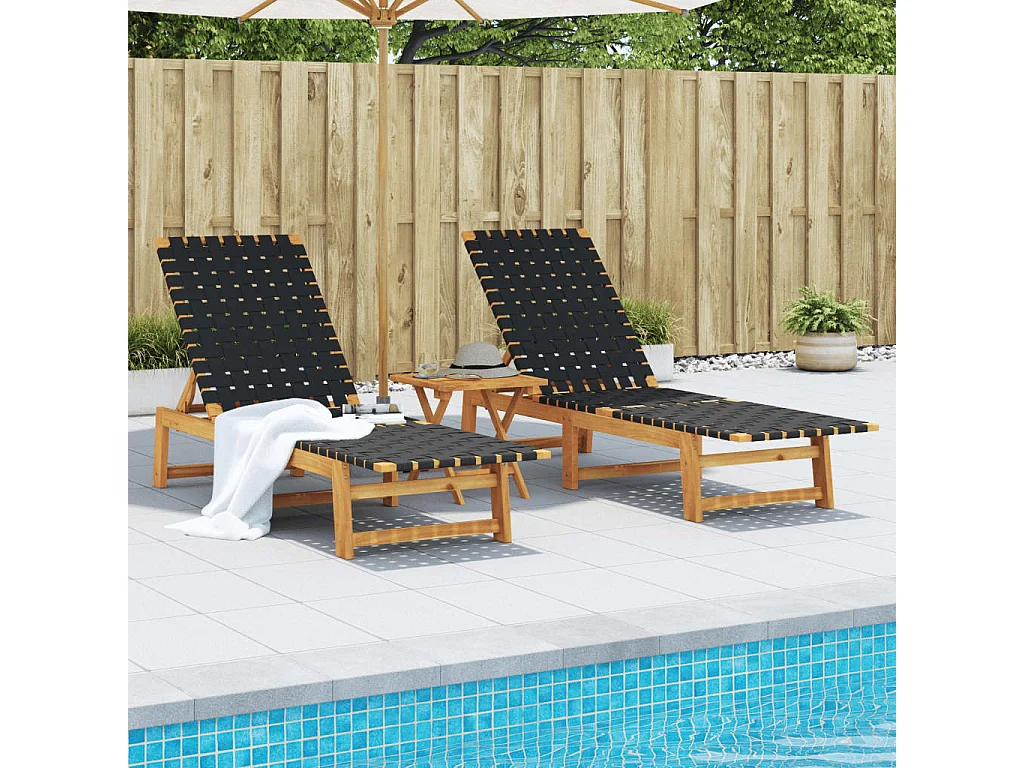 Chaises longues lot de 2 noir bois d'acacia solide et tissu