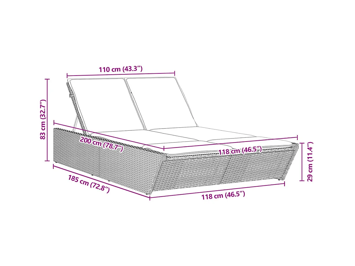 Ligbed 2-persoons met kussens poly rattan grijs
