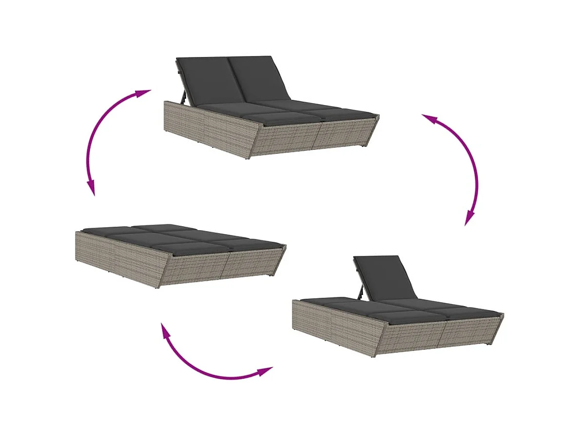Ligbed 2-persoons met kussens poly rattan grijs