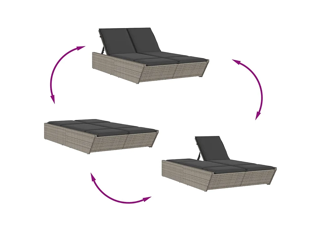 Ligbed 2-persoons met kussens poly rattan grijs