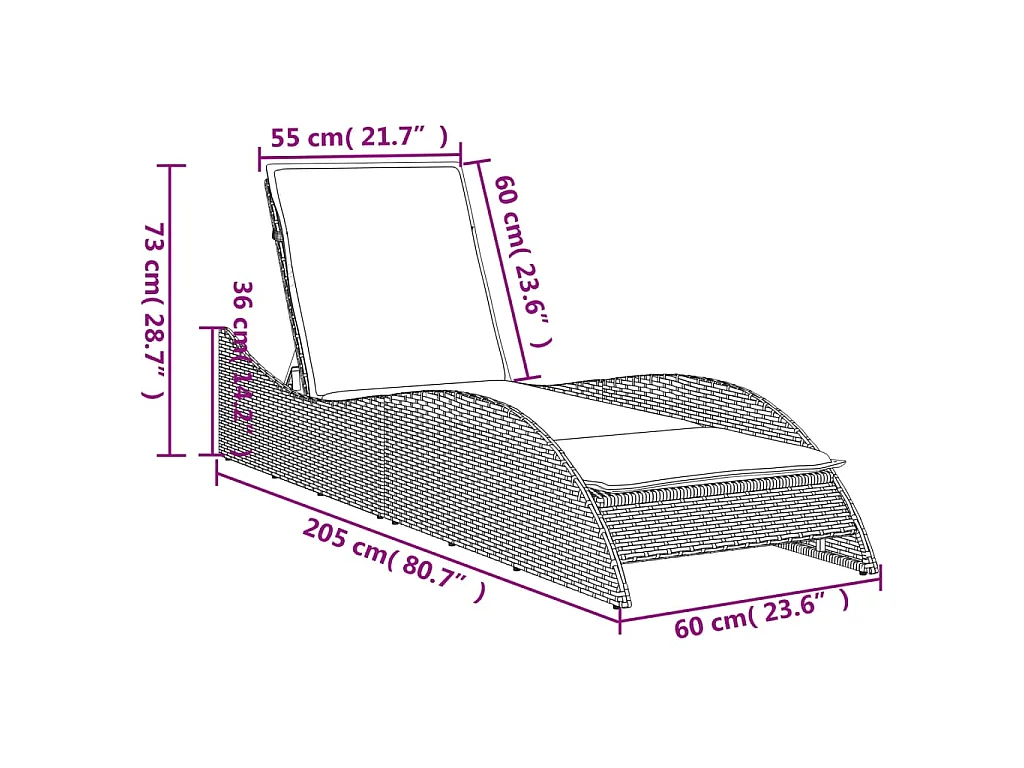 Ligbed met kussen 60x205x73 cm poly rattan grijs