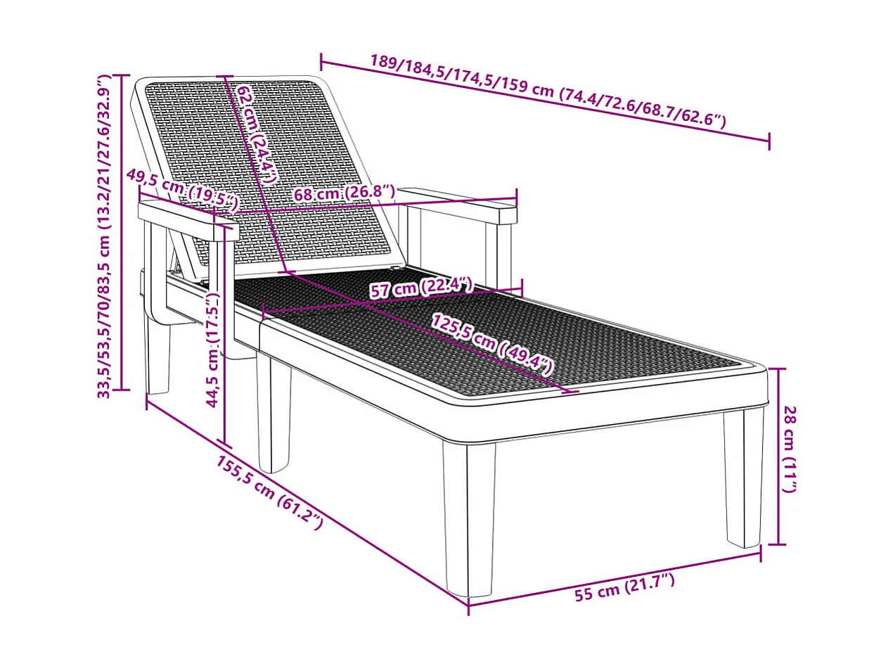 Ligbed in 4 standen verstelbaar 155,5x57x28 cm polypropeen