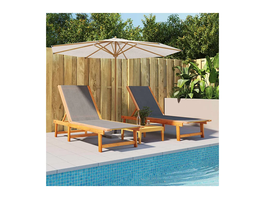 Chaises longues lot de 2 noir bois d'acacia solide et textilène