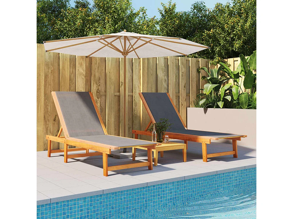 Chaises longues lot de 2 noir bois d'acacia solide et textilène