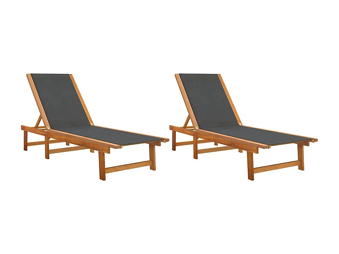 Chaises longues lot de 2 noir bois d'acacia solide et textilène