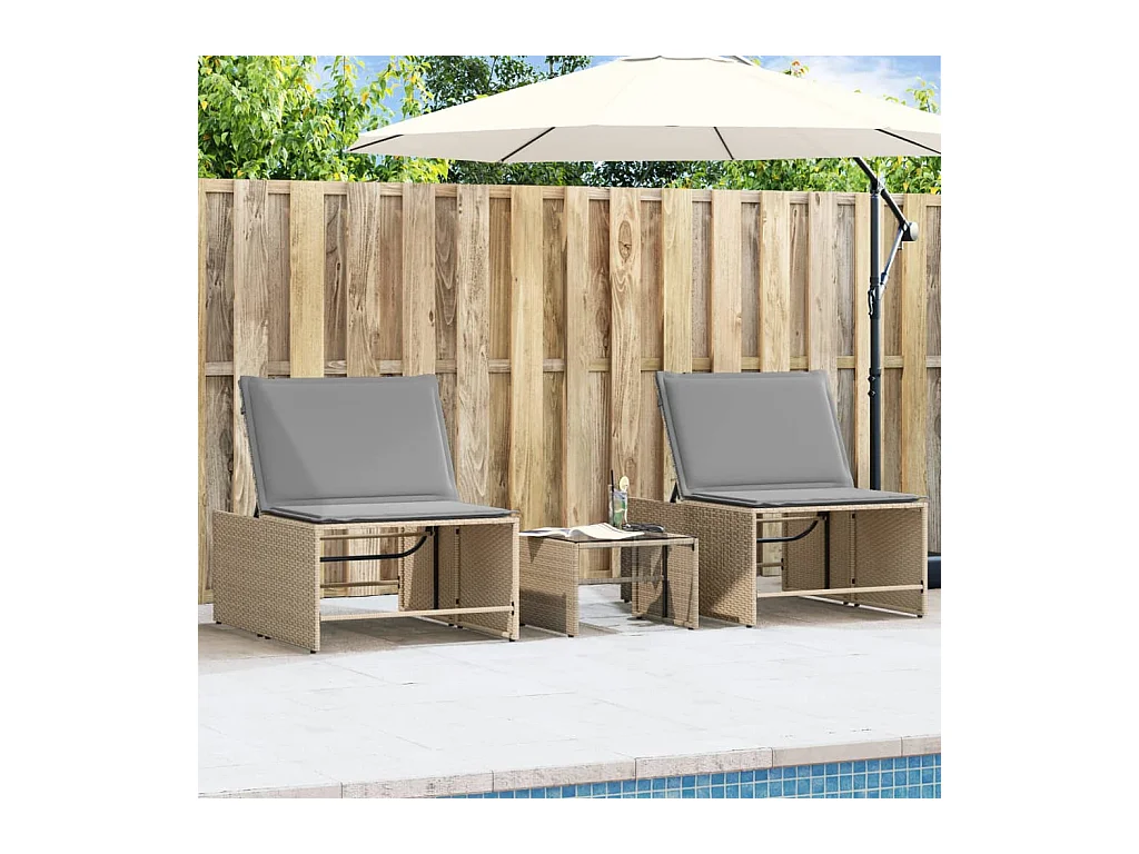 Chaises longues 2 pièces avec table en résine tressée beige