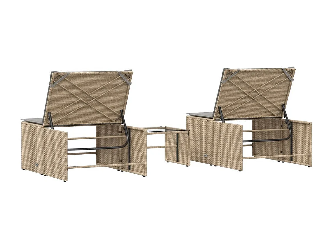 Chaises longues 2 pièces avec table en résine tressée beige
