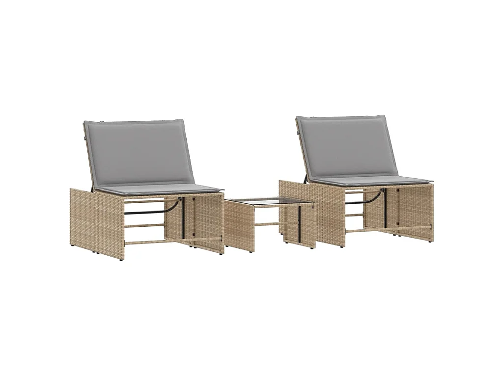 Ligstoelen 2 st met tafel beige poly rattan