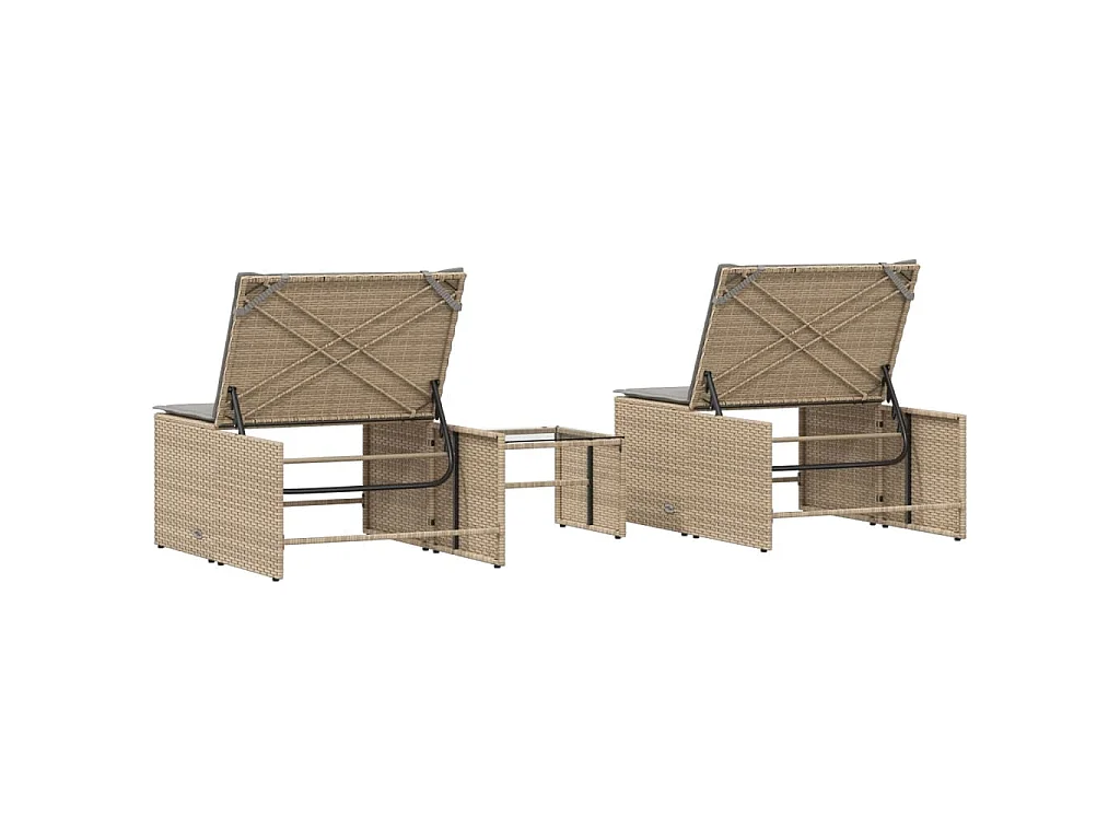 Ligstoelen 2 st met tafel beige poly rattan