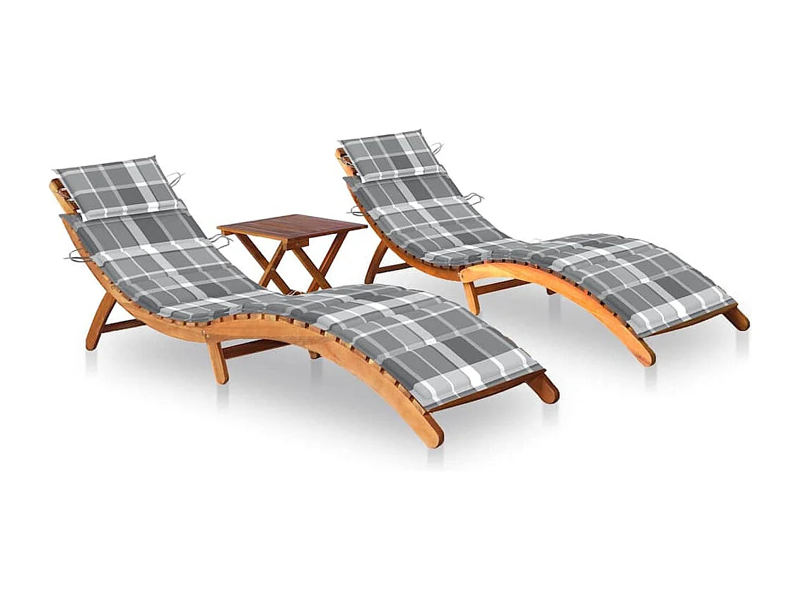 Sonnenliegen 2 Stk. mit Tisch und Auflagen Massivholz Akazie