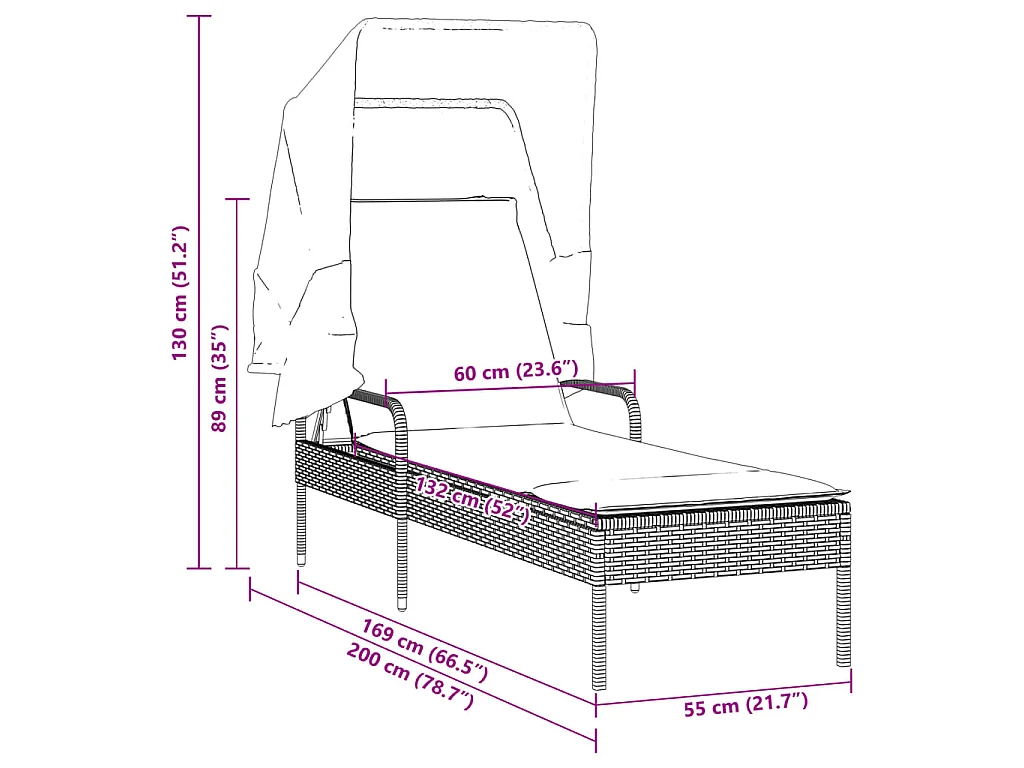 Chaise longue avec auvent beige résine tressée