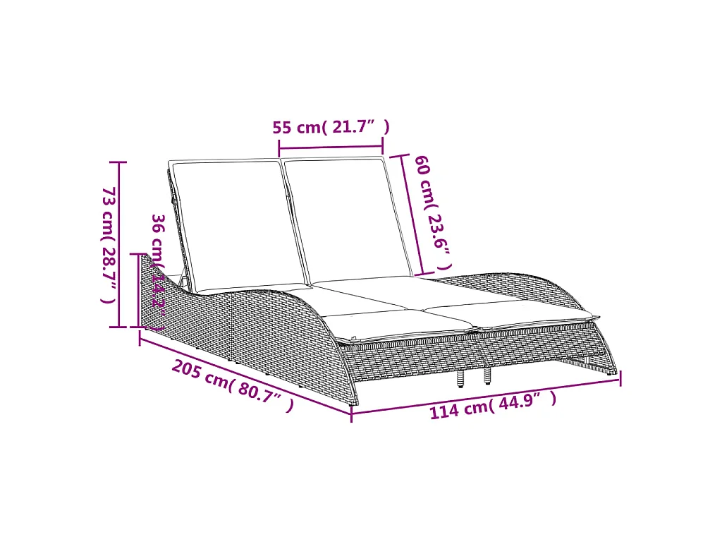 Chaise longue avec coussins beige 114x205x73 cm résine tressée