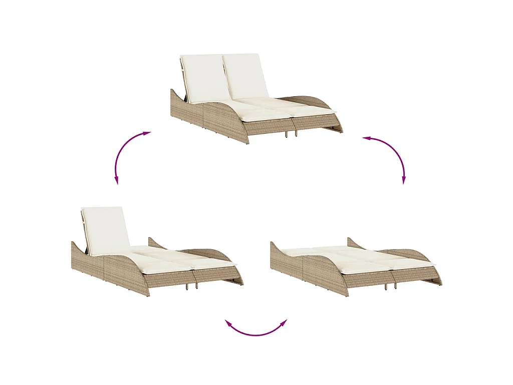 Chaise longue avec coussins beige 114x205x73 cm résine tressée