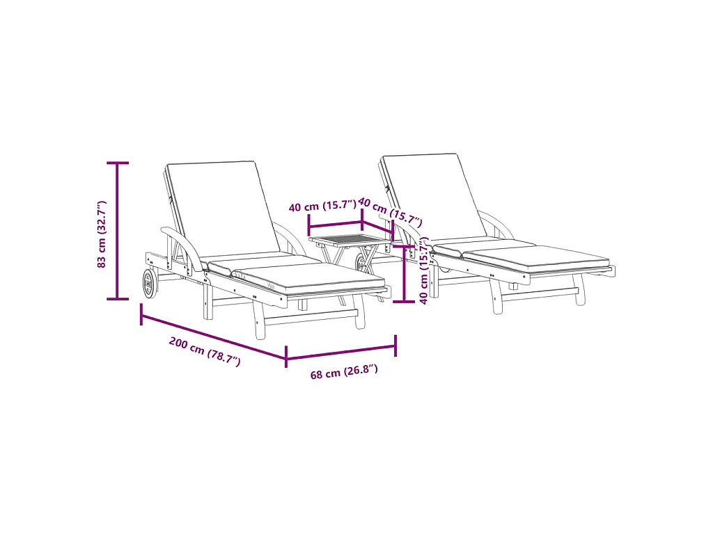 Chaises longues lot de 2 avec table bois massif d'acacia
