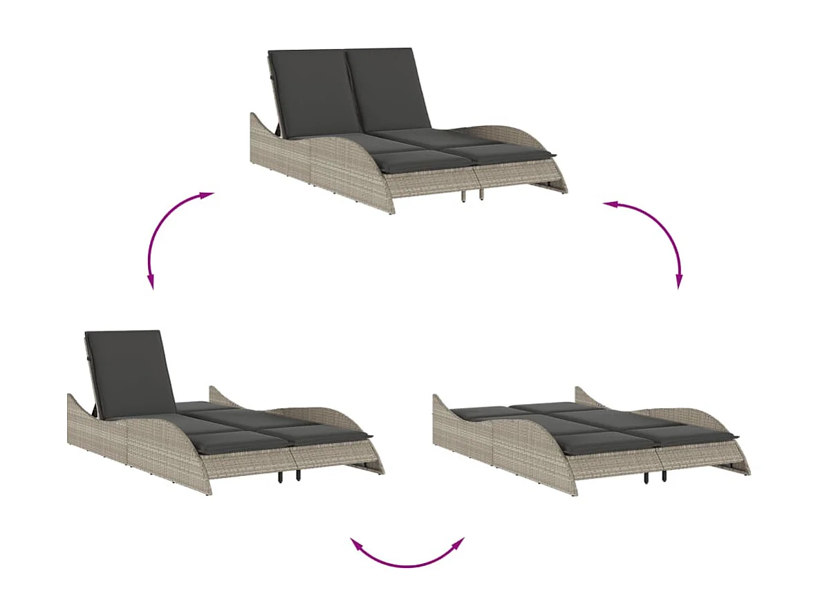 Chaise longue avec coussins gris clair 114x205x73 cm poly rotin