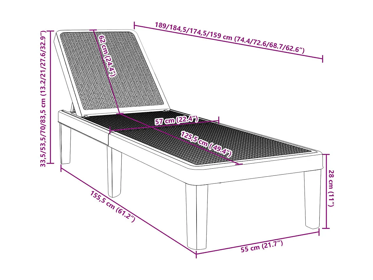 Chaise longue réglable en hauteur à 4 positions polypropylène