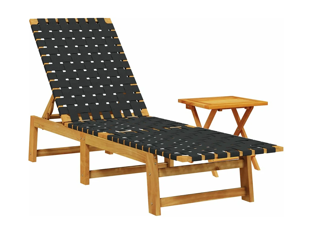 Tumbona con mesa madera maciza de acacia y tela negra