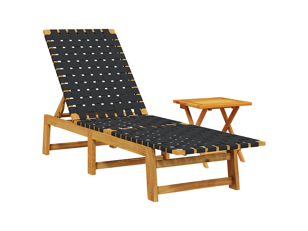 Chaises longues avec table noir bois d'acacia solide et tissu