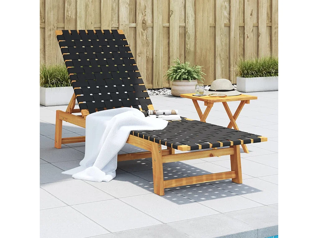 Chaises longues avec table noir bois d'acacia solide et tissu