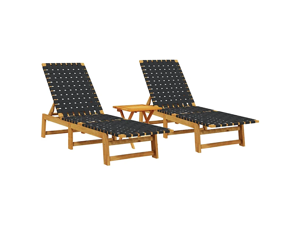 Sonnenliegen 2 Stk. mit Tisch Schwarz Massivholz Akazie