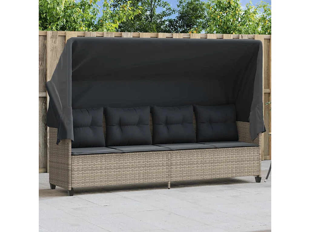 Ligbed met luifel en kussens poly rattan lichtgrijs