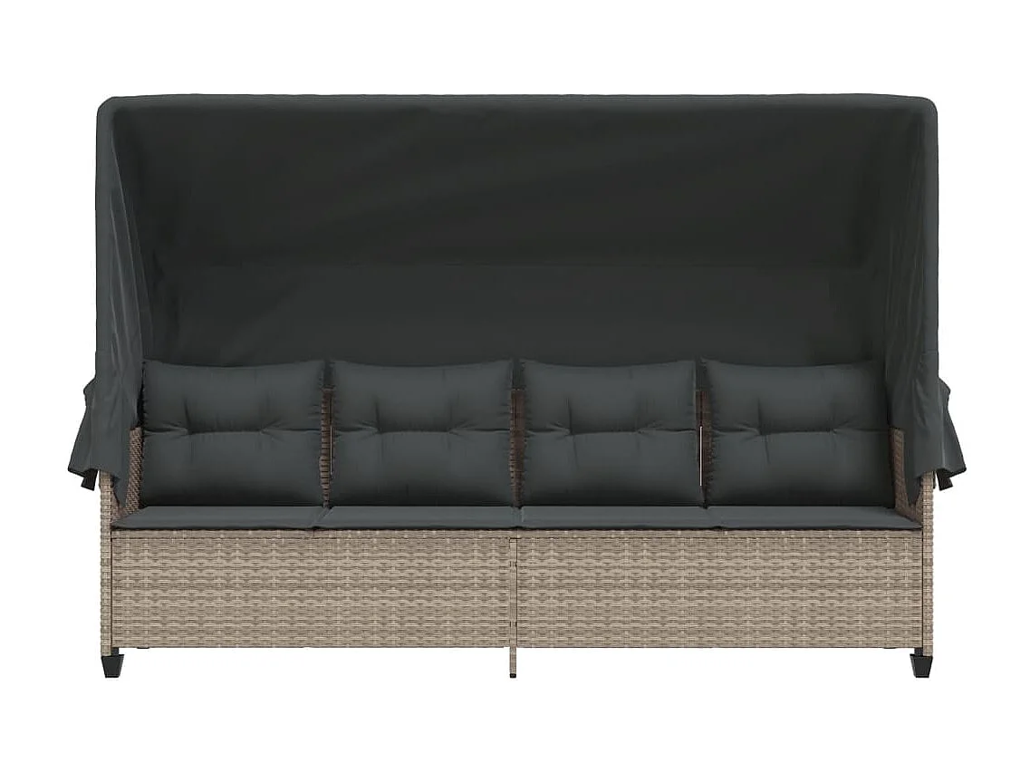 Chaise longue avec auvent et coussins gris clair résine tressée