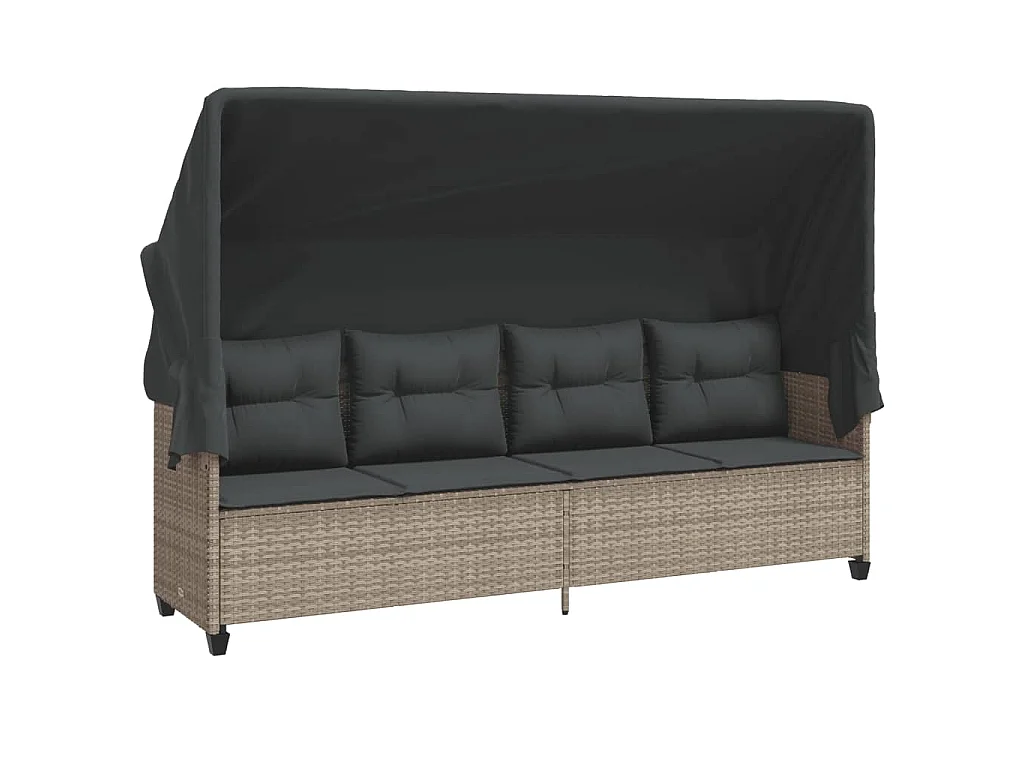 Ligbed met luifel en kussens poly rattan lichtgrijs