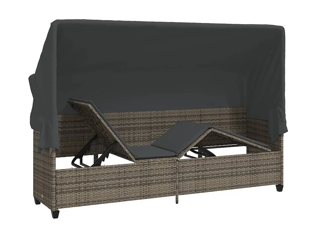 Sonnenliege mit Dach und Kissen Grau Poly Rattan