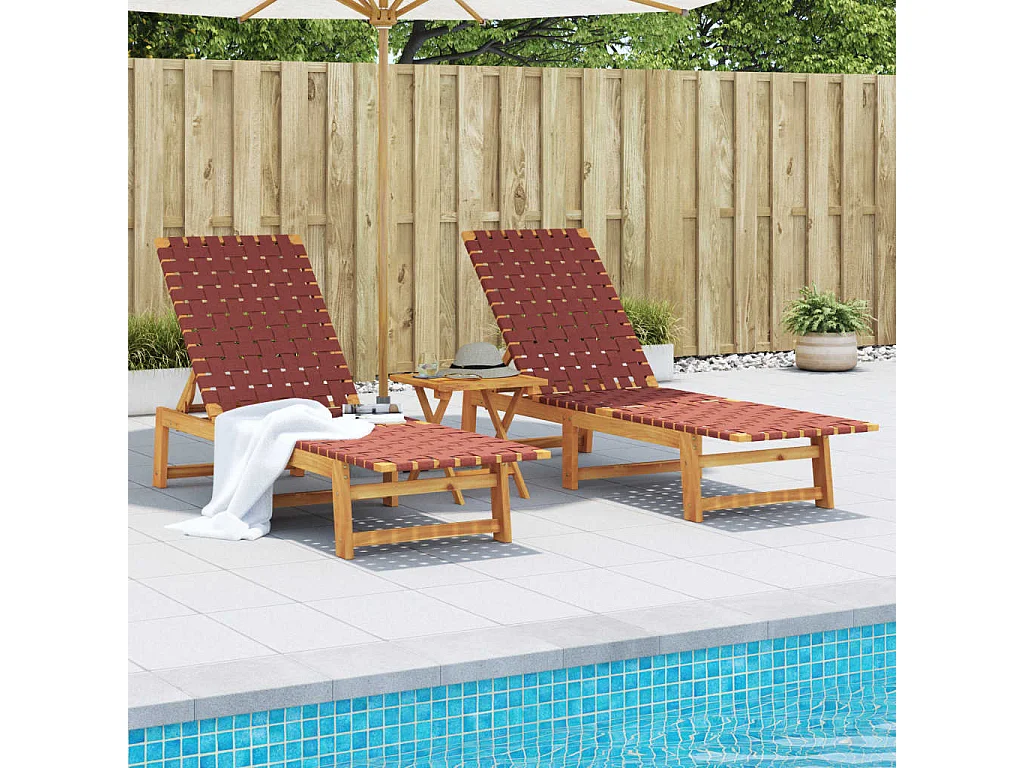 Chaises longues lot de 2 rouge bois d'acacia solide et tissu