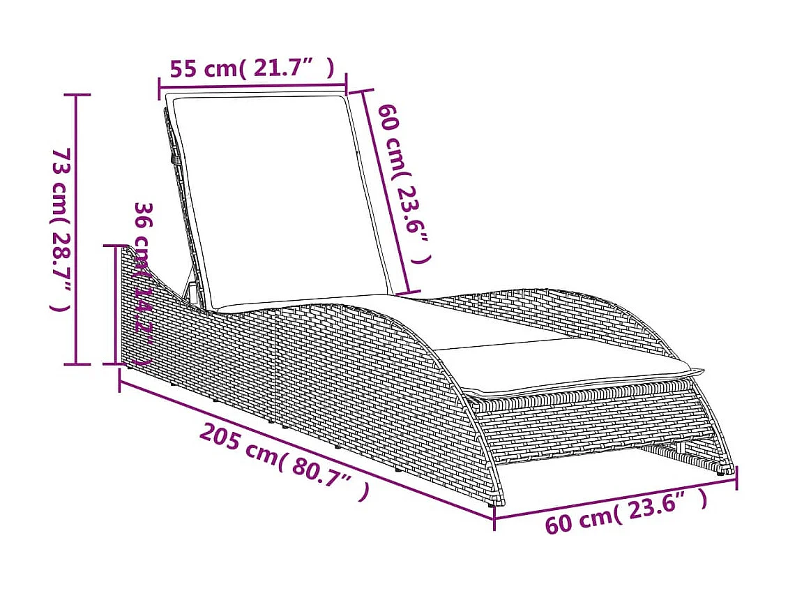 Chaise longue avec coussin noir 60x205x73 cm résine tressée
